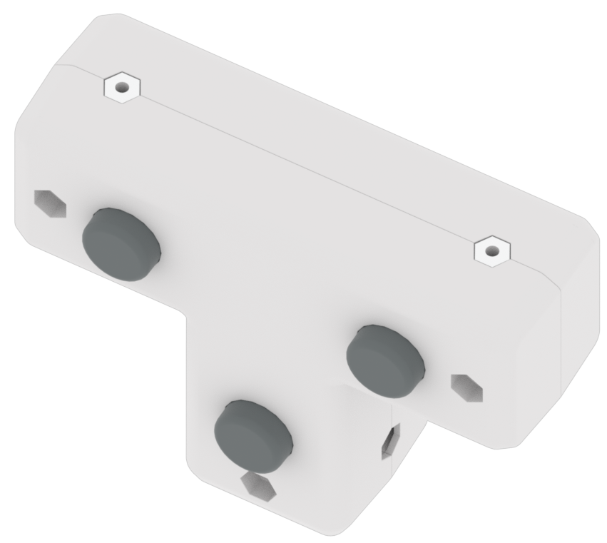 Diagram of a T-connector piece with two Nylock Nut pieces inserted into the pockets on the top of the T.