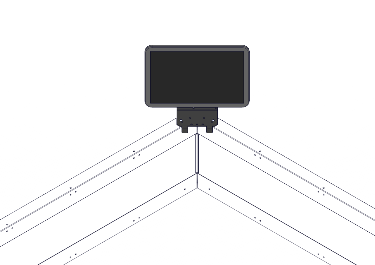 Assembly diagram showing the Field Monitor attached to the Field Monitor Stand over a Corner Connector, now viewed from the other side to show the Monitor's screen.