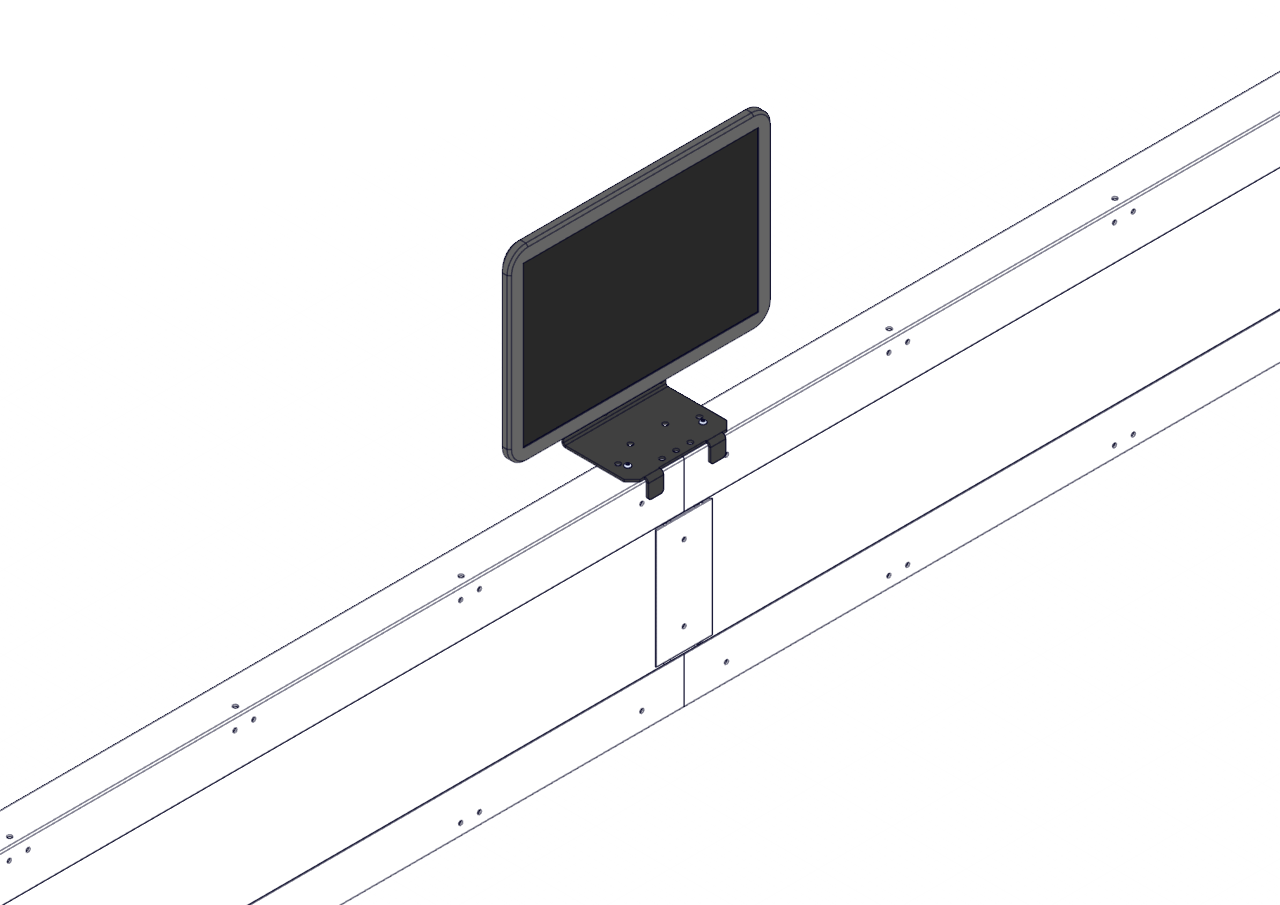 Assembly diagram showing the Field Monitor attached to the Field Monitor Stand over a T Connector, now viewed from the other side to show the Monitor's screen.