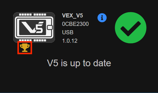 V5 Firmware Utility with a message that reads V5 is up to date. There is a Trophy Icon on the left that is highlighted.