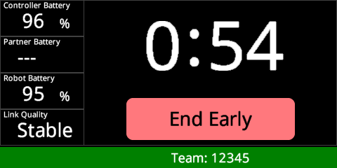 Field Control Brain screen in shown once the field is active. There are settings that read Controller Battery 96%, Partner Battery NA, Robot Battery 95%, Link Quality Stable, and Team 12345. There is a large timer in the center of the screen, and in this example it reads 0:54. There is also a button below the timer that reads End Early.