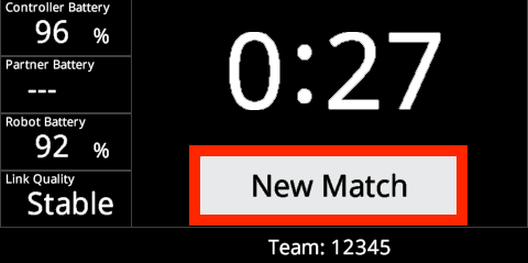 Field Control Brain is shown after the match has ended. The final timer is shown and below it a button reads New Match.