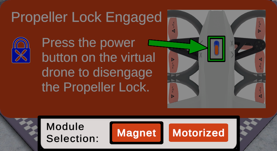 The Propeller Lock dialog on the Competition Layout in the simulator, showing the Module Selection option at the bottom. Magnet is selected to the left of the option for Motorized.