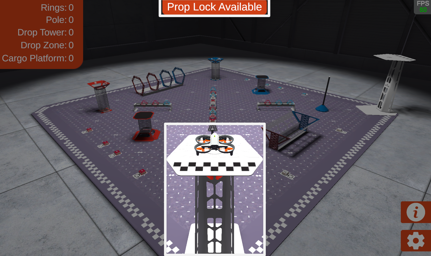 A screenshot of the simulator in the competition layout, with the drone landed on the platform highlighted, as well as the message at the top of the screen that reads Prop Lock Available.