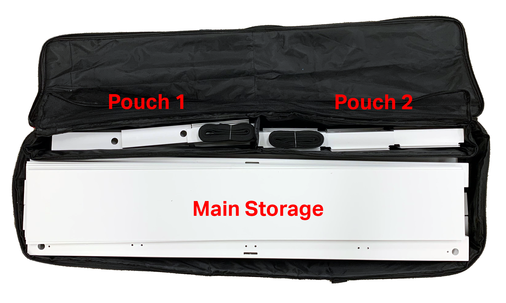 Unzipped Field Case 1 viewed from above to show its organization. This Field Case has two Pouches and one Main Storage area.