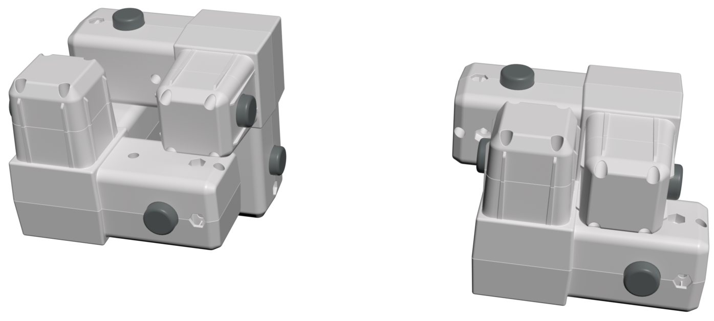Corner connector pieces are shown stacked together in groups of two to make a compact cube shape.