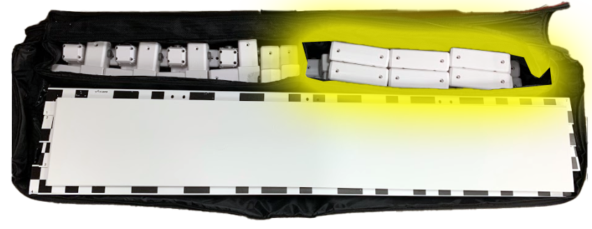 T connector pieces are shown packed in triangle shapes in groups of three in Pouch 2. Two of the T connector pieces are packed in Pouch 1.