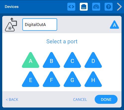VEXcode V5 Devices menu after the Digital Out option has been selected. There is a list of the robot's 8 3-Wire Ports, and the port labeled A is highlighted.