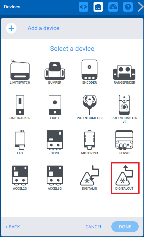 VEXcode V5 Devices menu after the Add a device button and then the 3-Wire device have been selected. A list of 3-Wire devices is shown, and the Digital Out option is highlighted.