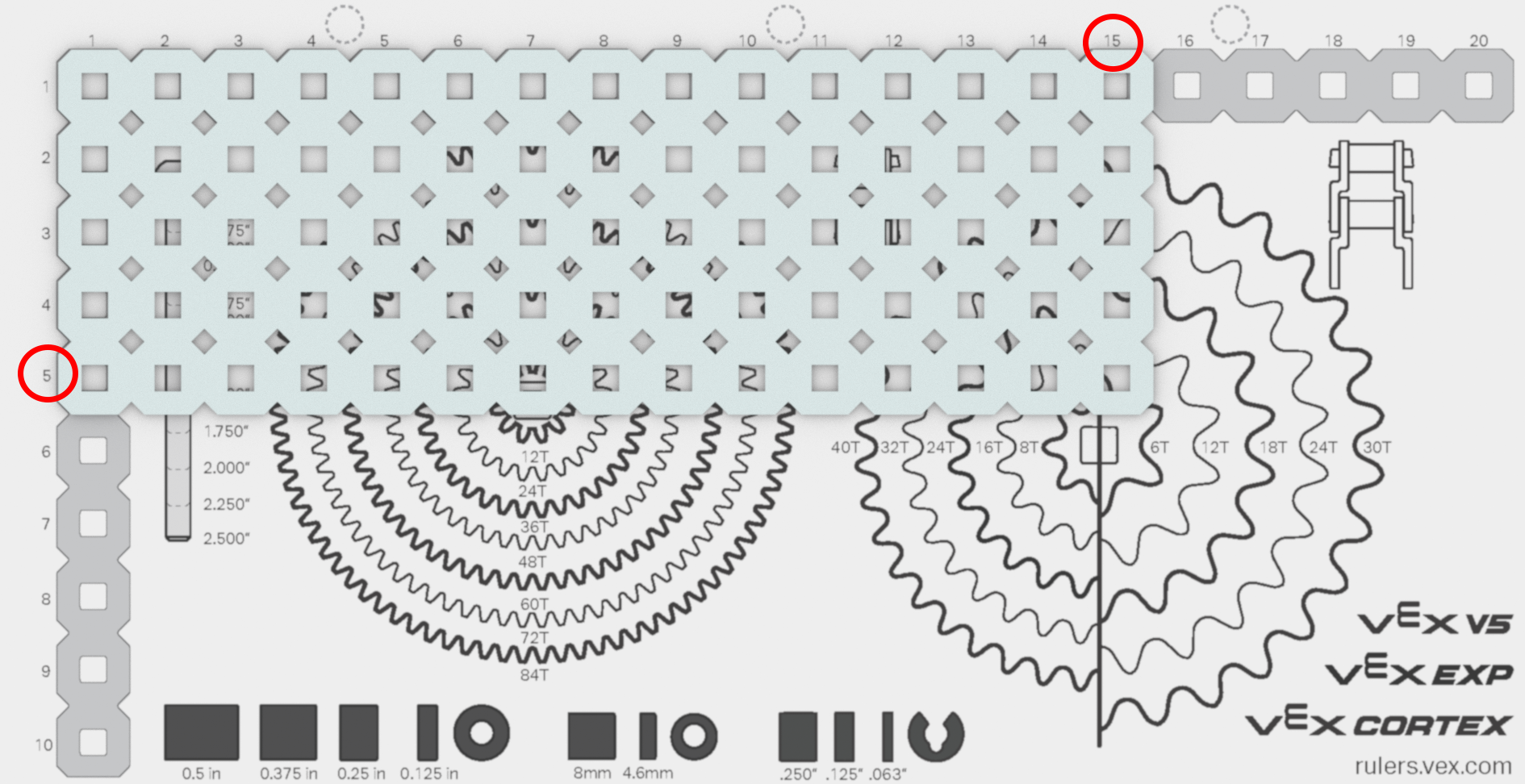 Image of a 5x15 plate used in VEX robotics education, featuring measurement markings and a grid design for precise alignment and construction in robotics projects.