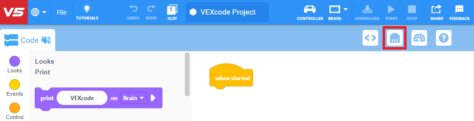 VEXcode V5 Toolbar with the Devices icon highlighted in between the Code Viewer and Monitor Console icons.