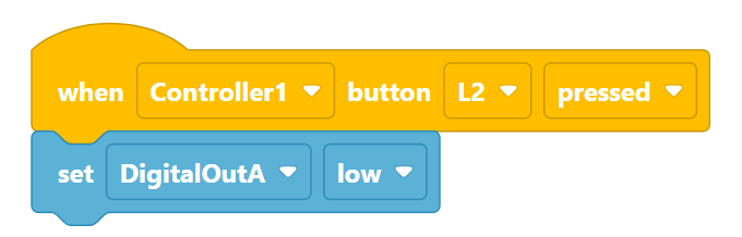 VEXcode V5 Blocks Project that reads When Controller1 button L2 pressed, set DigitalOutA low.
