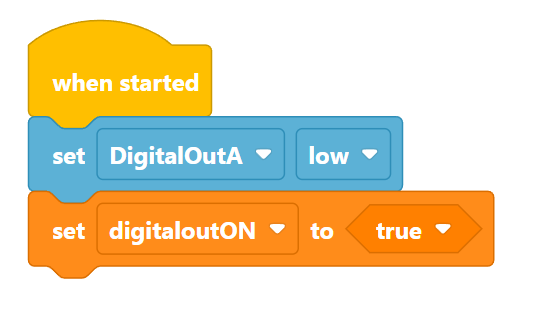 VEXcode V5 Blocks Project that reads When started, set DigitalOutA low and then set digitaloutON to true.