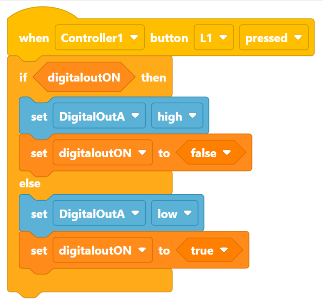 VEXcode V5 Blocks Project that reads When Controller1 button L1 pressed, if digitaloutON then set DigitalOutA high and set digitaloutON to false, else set DigitalOutA low and set digitaloutON to true.