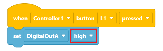 VEXcode V5 Blocks Project that reads When Controller1 button L1 pressed, set DigitalOutA high. The digital out dropdown menu is highlighted to indicate that it can be selected and changed.