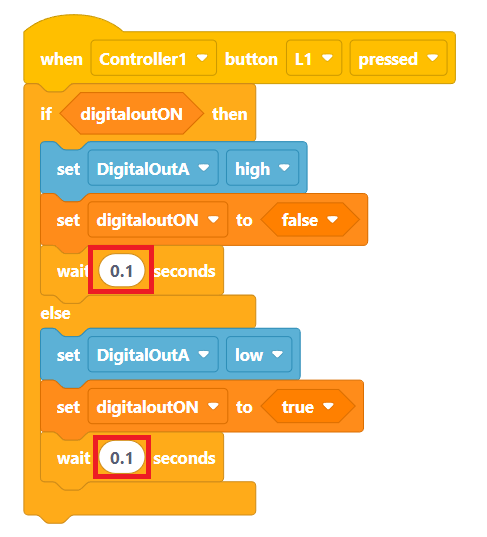 VEXcode V5 Blocks Project with added Wait blocks that reads When Controller1 button L1 pressed, if digitaloutON then set DigitalOutA high, set digitaloutON to false, and then wait 0.1 seconds. Else, set DigitalOutA low, set digitaloutON to true, and then wait 0.1 seconds.