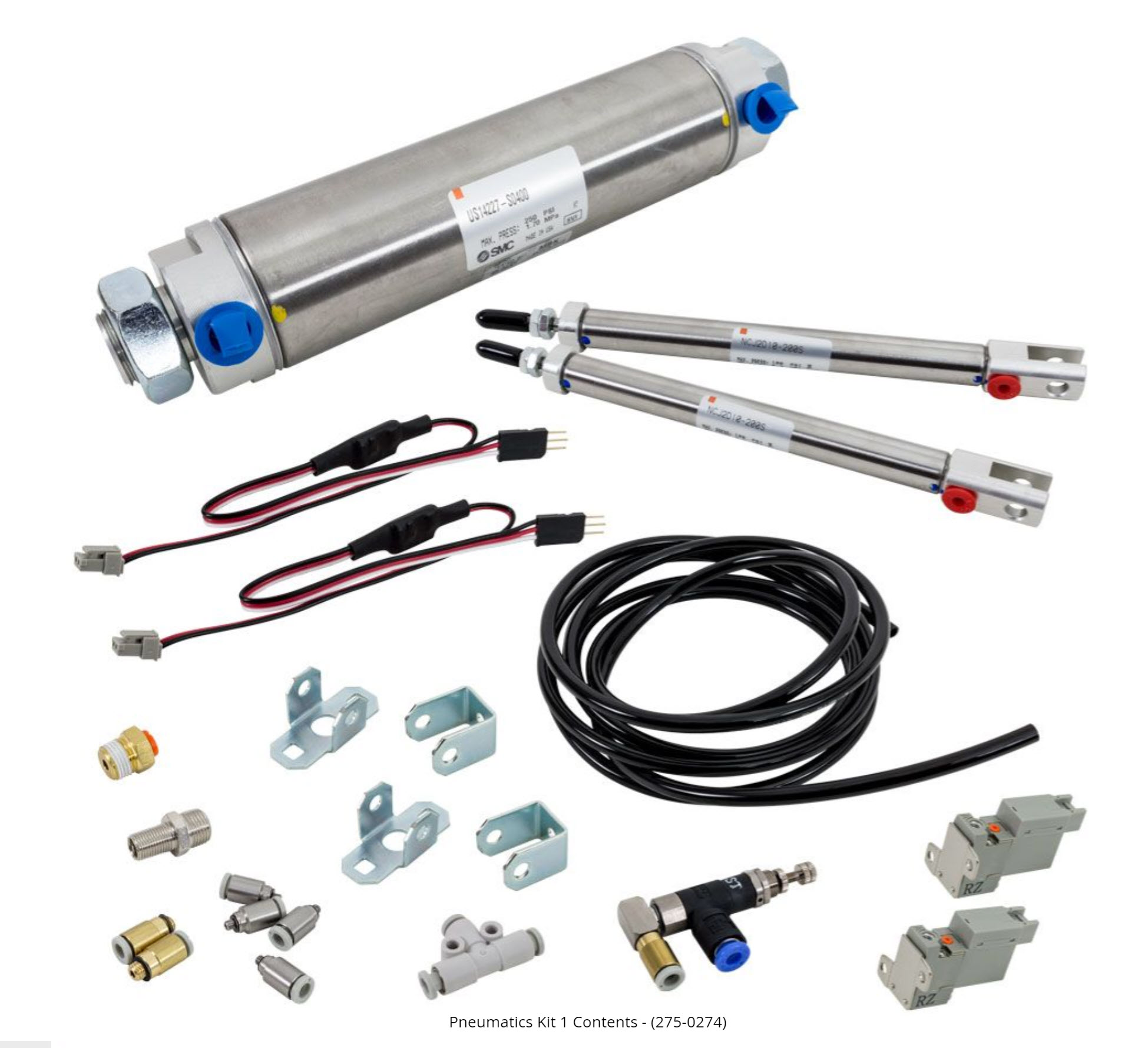 Pneumatics Kit 1 Contents with the pieces in similar categories grouped together.