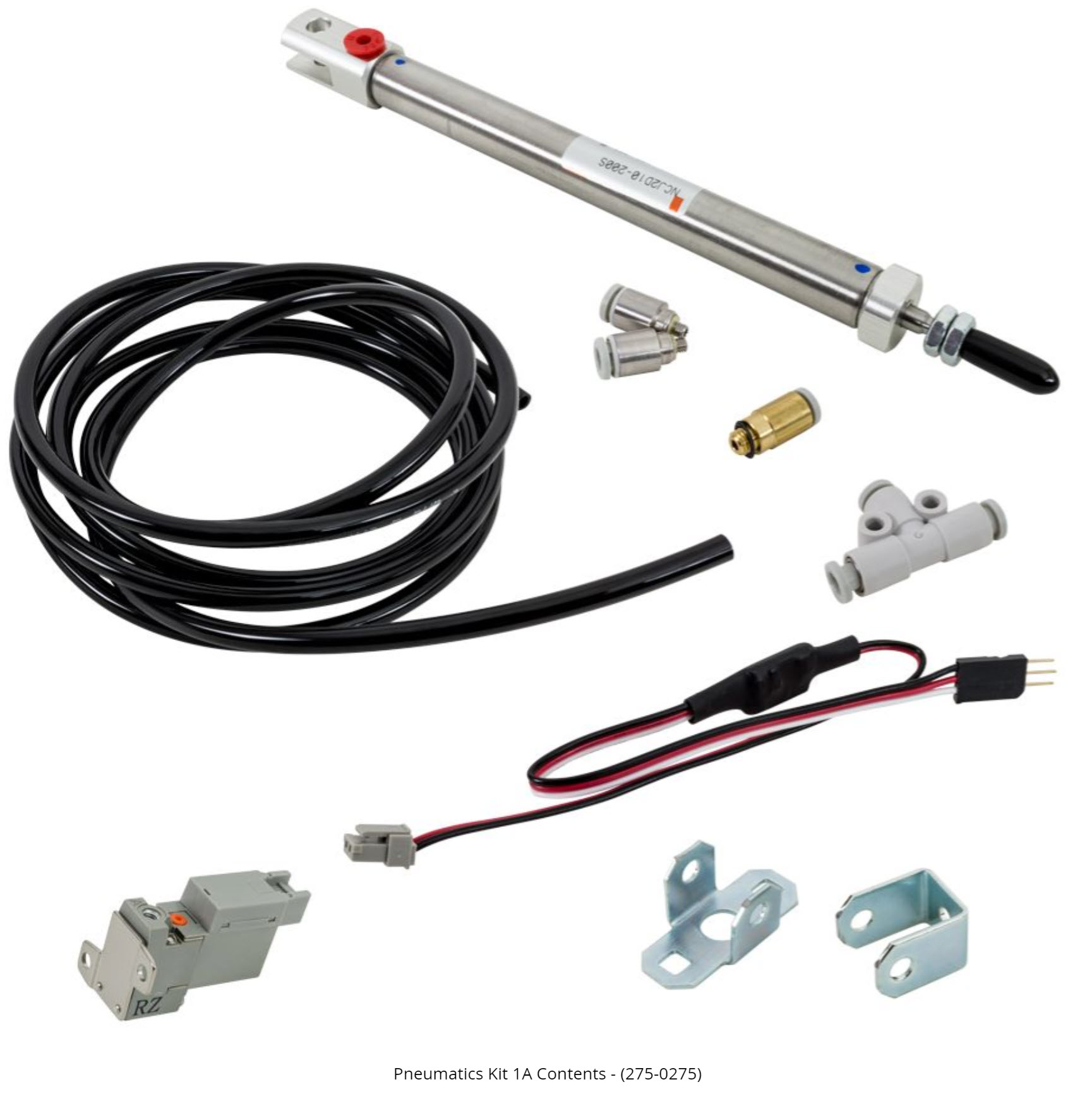 Pneumatics Kit 1A Contents with the pieces in similar categories grouped together.