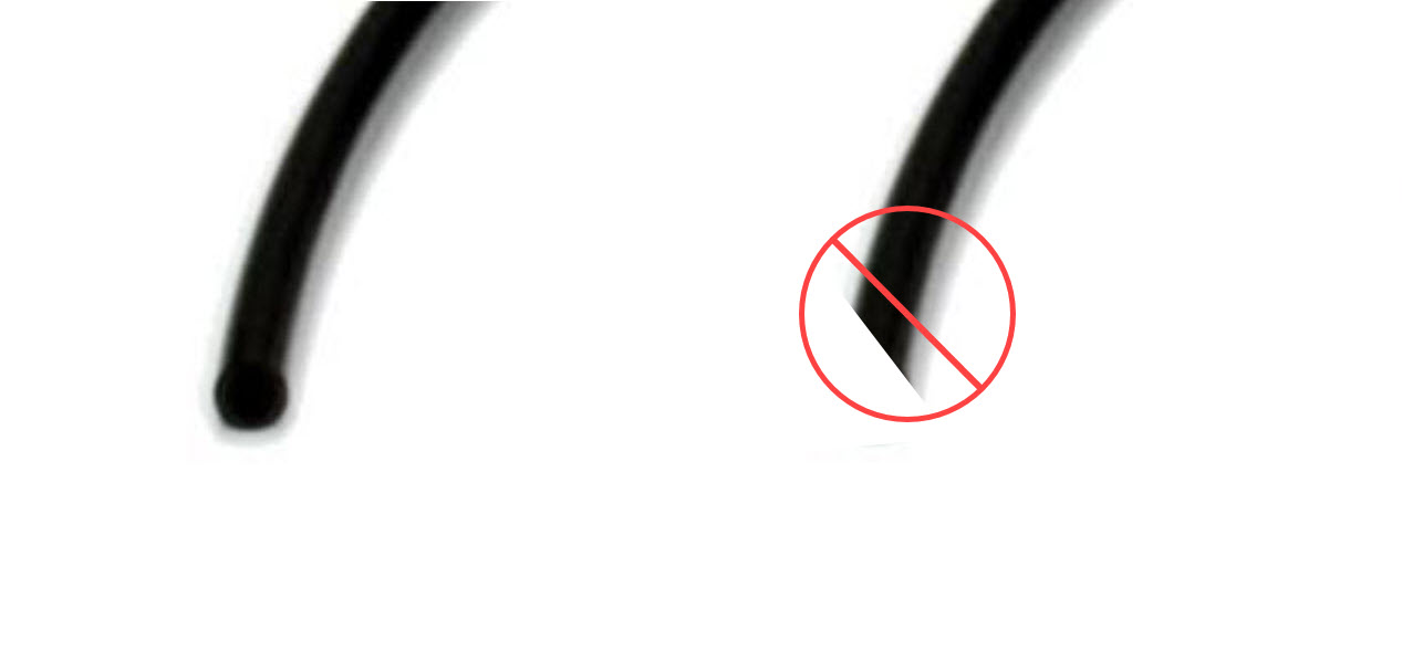 Diagram indicating that pneumatic tubing pieces should be cut straight across the tubing and not at an angle.
