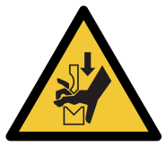 Yellow hazard symbol with a diagram of a hand being pinched between two pieces.