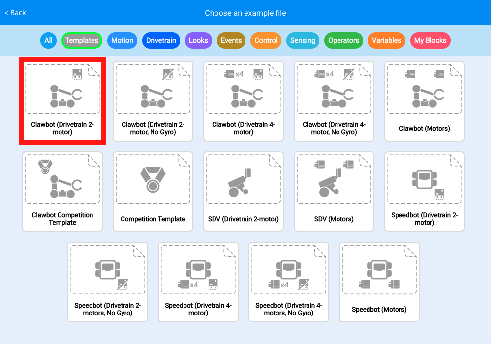 VEXcode V5 example projects menu, with many projects to choose from across 11 different categories. The Templates category of projects is shown here, and the Clawbot Drivetrain 2 motor template is highlighted.