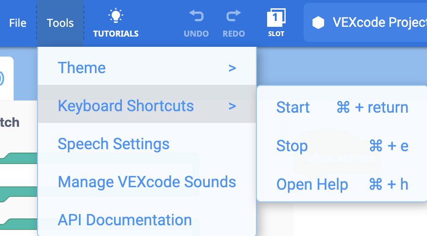 VEXcode V5 Mac Toolbar with the Tools dropdown menu open and the Keyboard Shortcuts option selected. The available Keyboard shortcuts are shown in a second dropdown menu to the right, with 3 options that read Start, Stop, and Open Help. Each option has a corresponding keyboard hotkey. The Start hotkey is the Command key with the Return key, the Stop hotkey is the Command key with the E key, and the Open Help hotkey is the Command key with the H key.