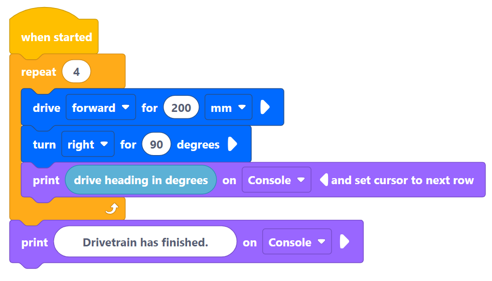 VEXcode V5 blocks project with blocks from several categories to showcase the Default color scheme.