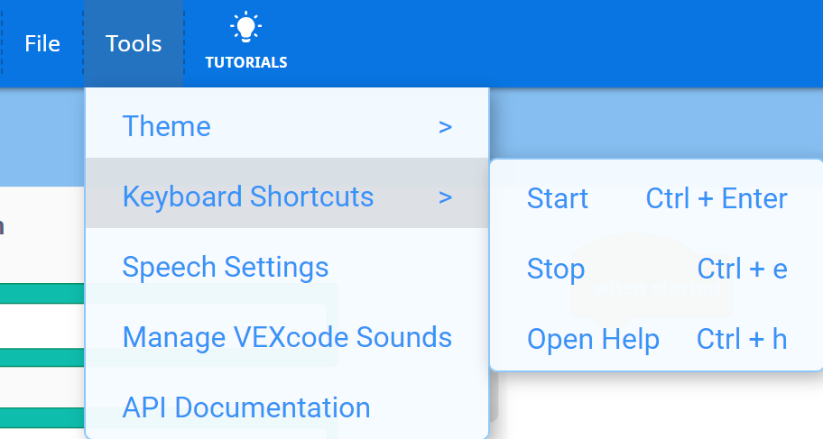 VEXcode V5 Windows Toolbar with the Tools dropdown menu open and the Keyboard Shortcuts option selected. The available Keyboard shortcuts are shown in a second dropdown menu to the right, with 3 options that read Start, Stop, and Open Help. Each option has a corresponding keyboard hotkey. The Start hotkey is the Control key with the Enter key, the Stop hotkey is the Control key with the E key, and the Open Help hotkey is the Control key with the H key.