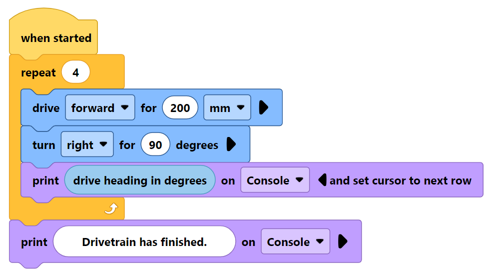 VEXcode V5 blocks project with blocks from several categories to showcase the High Contrast color scheme.