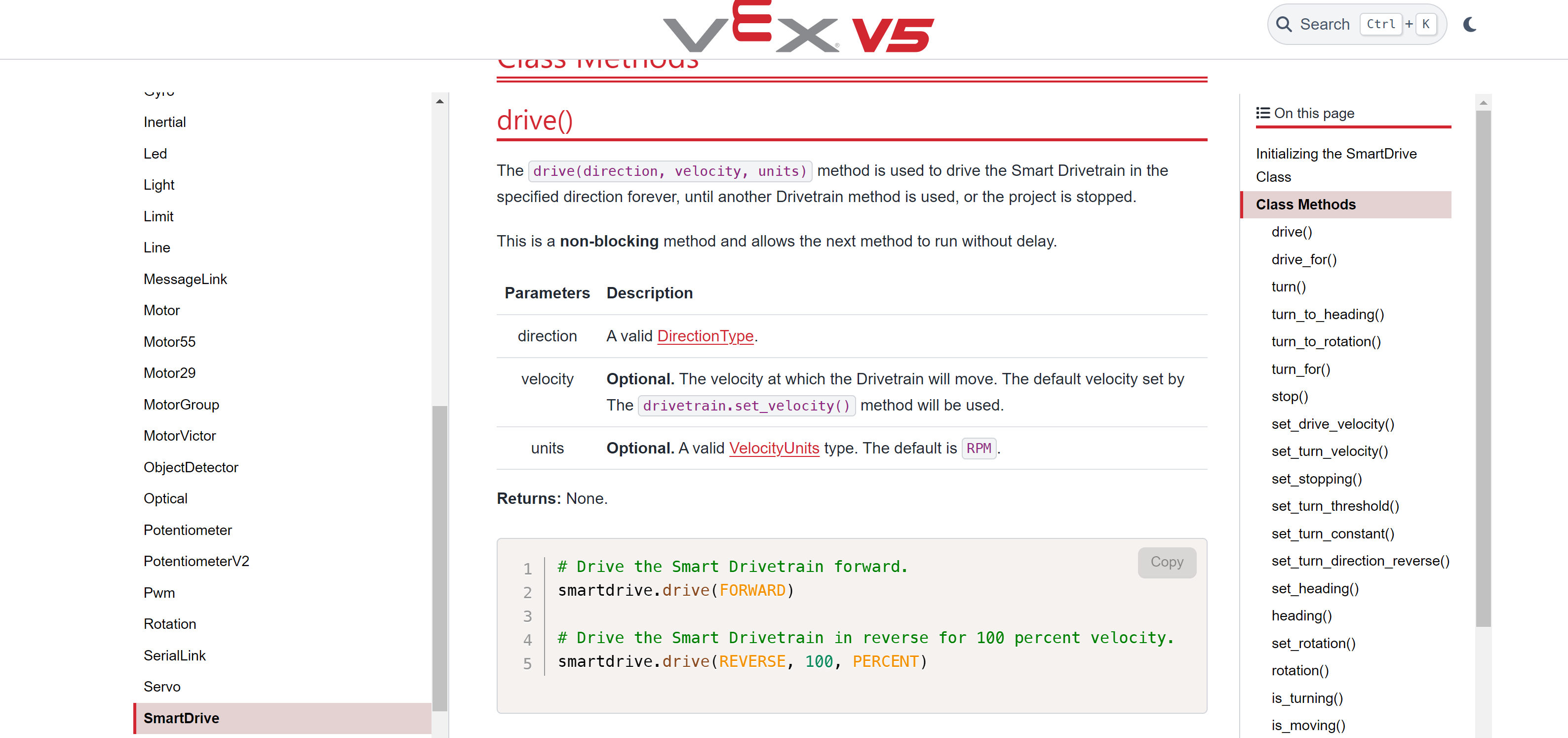 VEXcode V5 API Documentation page for the drive Python command. The API pages include explanations, features, and example projects for each block and text command.