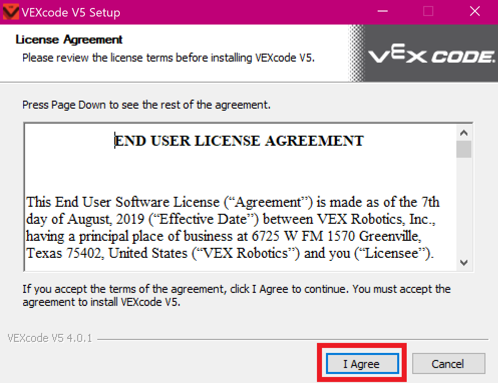 VEXcode V5 Setup window showing the End User License Agreement. The I Agree button below is highlighted.
