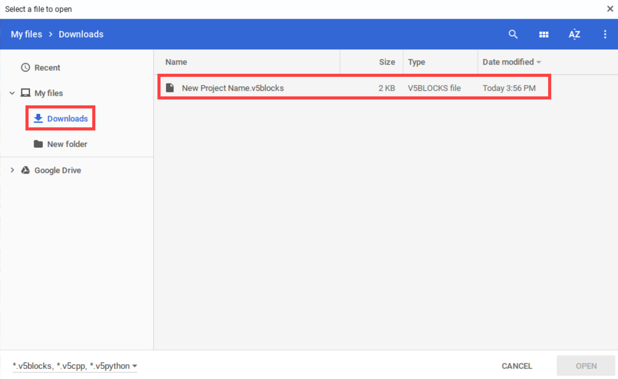 Previously saved VEXcode V5 project is visible from the device's files and is highlighted.