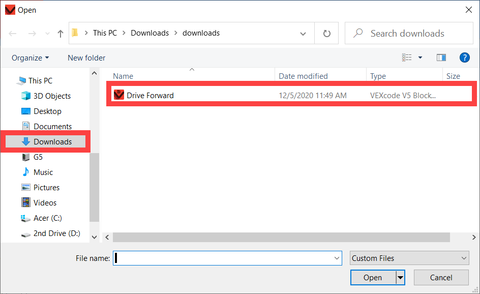 Previously saved VEXcode V5 project is visible from the device's files and is highlighted.