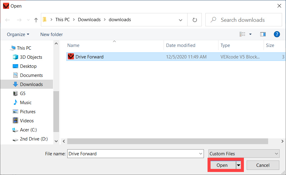 Previously saved VEXcode V5 project in the device's files is selected, and the Open button at the bottom of the menu is highlighted.