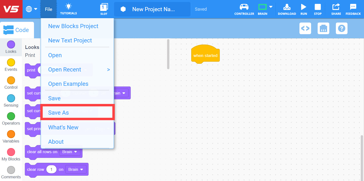 VEXcode V5 Toolbar with the File menu open and the Save As option highlighted. Save As is the seventh option in the menu, below New Blocks Project, New Text Project, Open, Open Recent, Open Examples, and Save.