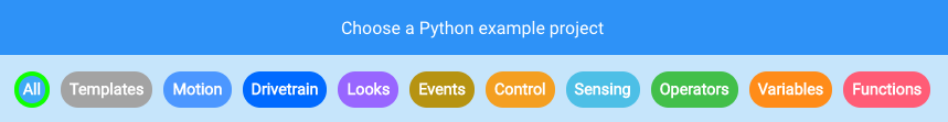 VEXcode Python Example Projects menu with a variety of projects across different categories to choose from.