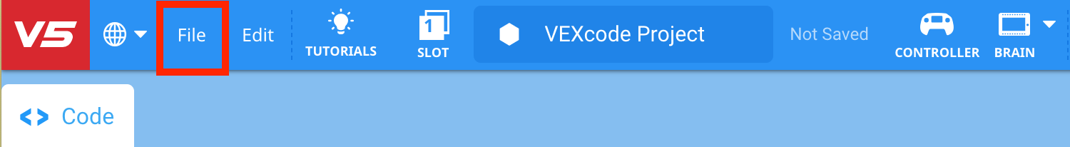 File option is highlighted on the VEXcode V5 Toolbar in between the Language and Edit options.