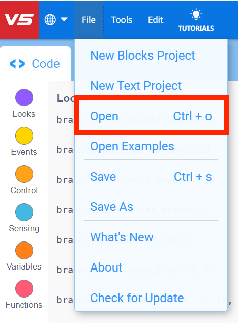 VEXcode V5 Toolbar with the File menu open and the Open option highlighted. Open is the third option in the menu, below New Blocks Project and New Text Project.