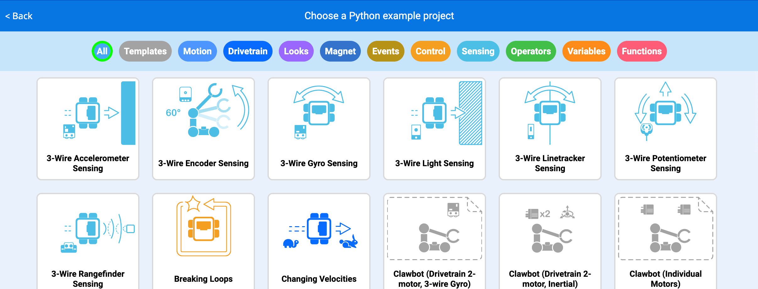 VEXcode Python Example Projects menu with a variety of projects across different categories to choose from.