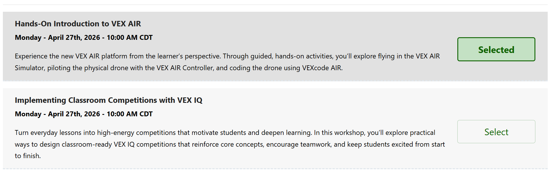 Two events with the top event showing the green status saying Selected and the one beneath it is not filled out, and says Select.