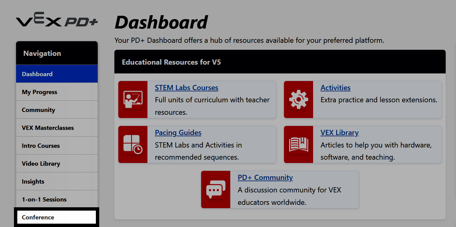 The PD plus dashboard showing the Conference button in the left navigation menu as highlighted.