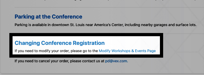A picture showing the Changing Conference Registration section on the site's Confirmation page, showing the Modify Workshops and Events Page link.