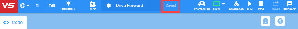 VEXcode V5 Toolbar with the project name field changed to Drive Project. The label to the right is highlighted and reads Saved.
