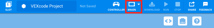 VEXcode V5 Toolbar with the Brain icon highlighted in between the Controller and Download icons.