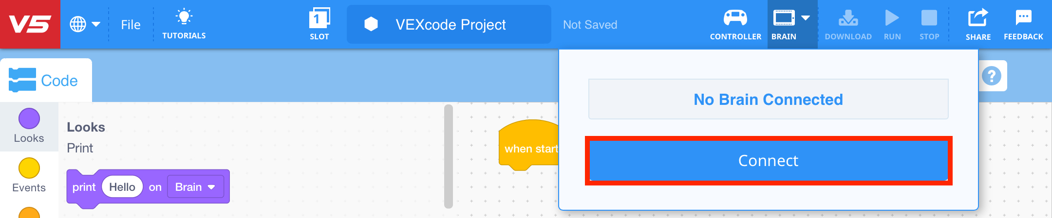 VEXcode V5 with the Brain dropdown menu opened and the Connect button highlighted.