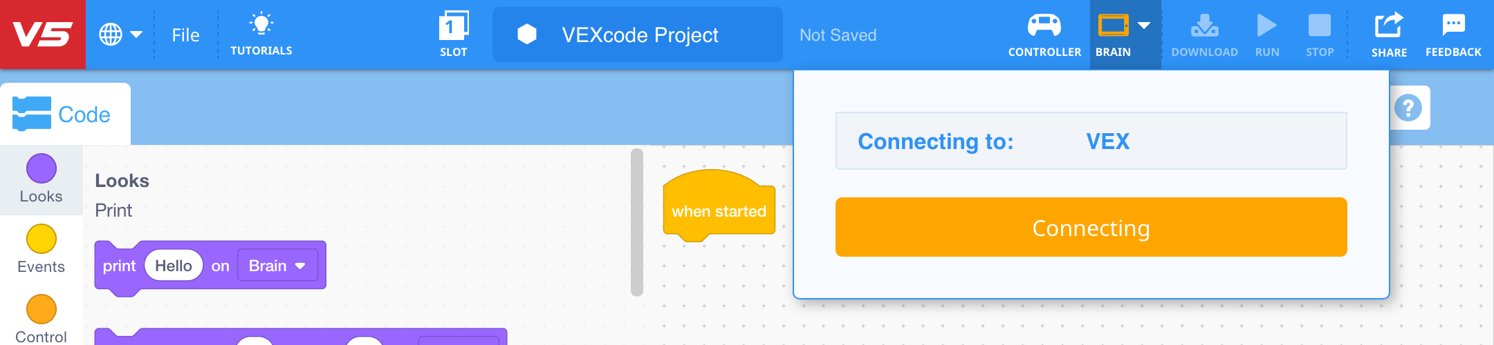 VEXcode V5 with the Brain dropdown menu opened while a Brain is connecting. The Brain's name is shown in the menu, and the Brain icon on the Toolbar is colored orange.