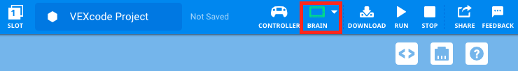 VEXcode V5 Toolbar with the green Brain icon highlighted, indicating that the Brain is connected.