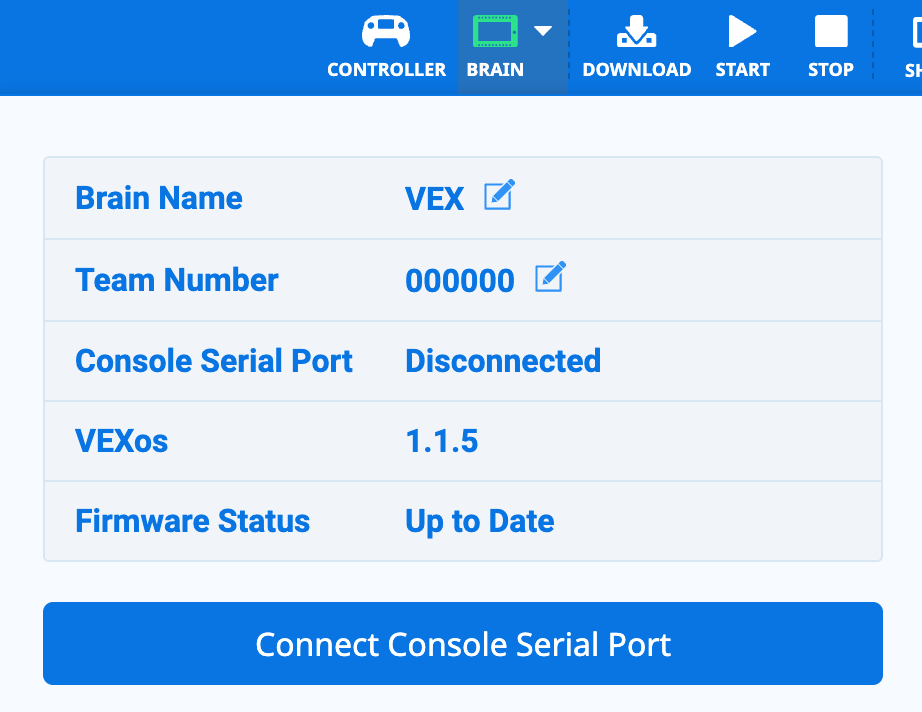 VEXcode V5 with the Brain dropdown menu opened and a Brain already connected. The Console Serial Port status is Disconnected, and the button below reads Connect Console Serial Port.