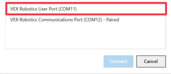 Windows browser connection window with two listed items. The first item reads Vex Robotics User Port, and the second reads Vex Robotics Communications Port and it is already paired. The item titled Vex Robotics User Port is highlighted.
