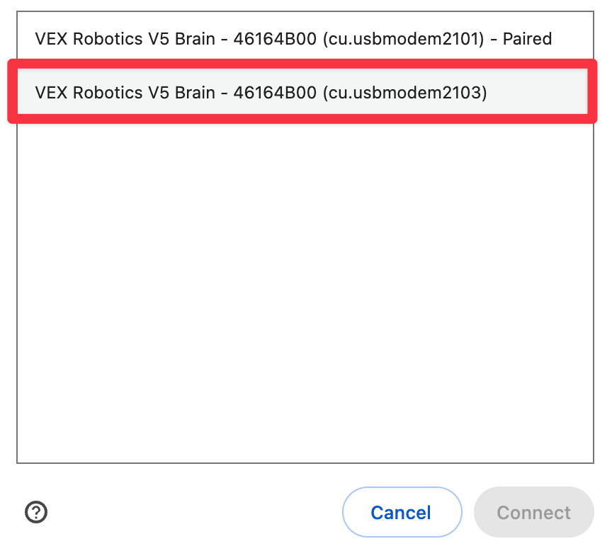 macOS or Chromebook browser connection window, with two items titled VEX Robotics V5 Brain. One item is already paired and has an ID number of 2101, and the other has an ID number of 2103. The item with the ID of 2103 is highlighted.